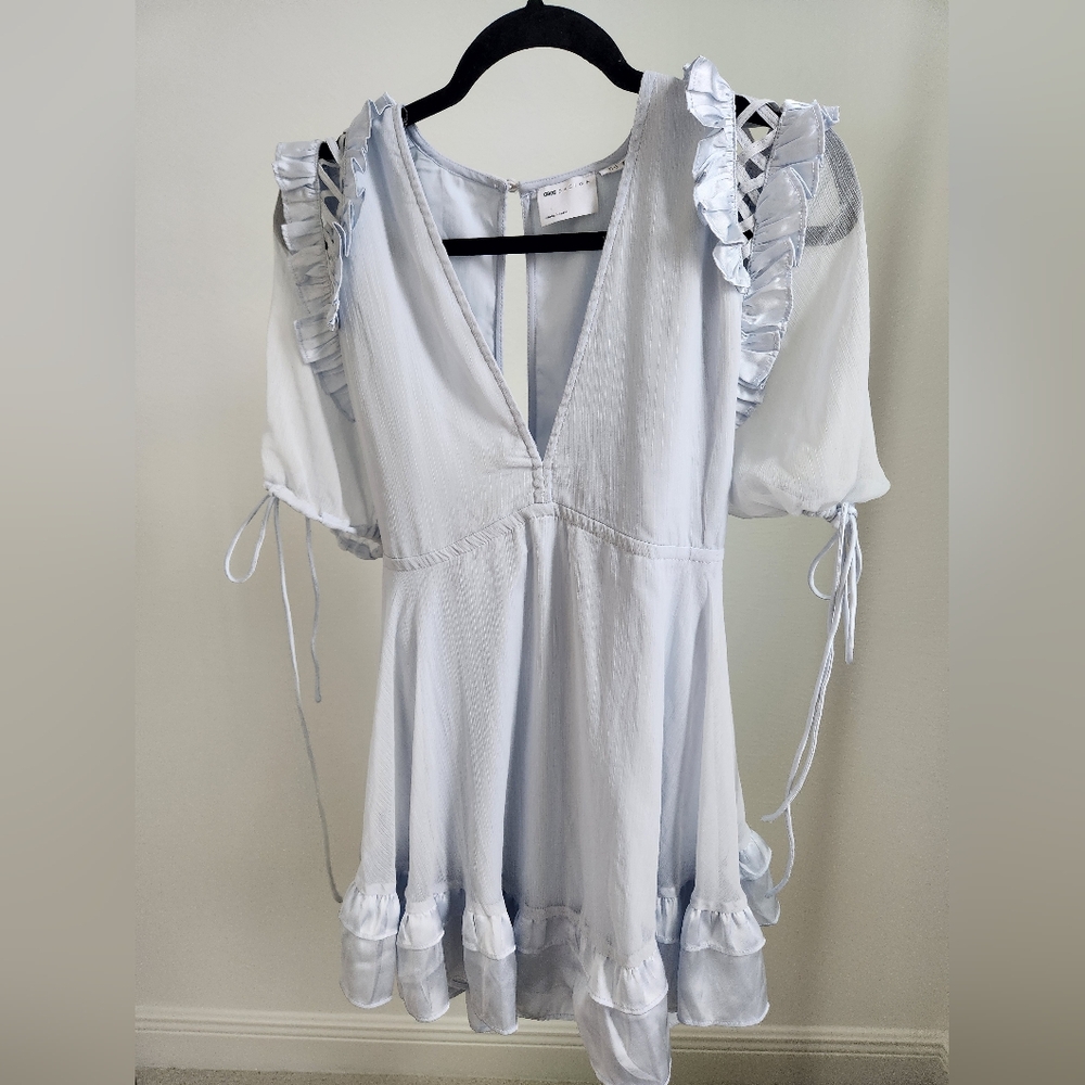 ASOS DESIGN mini dress with satin trim ruffle and tie detail Powder Blue Size 4P